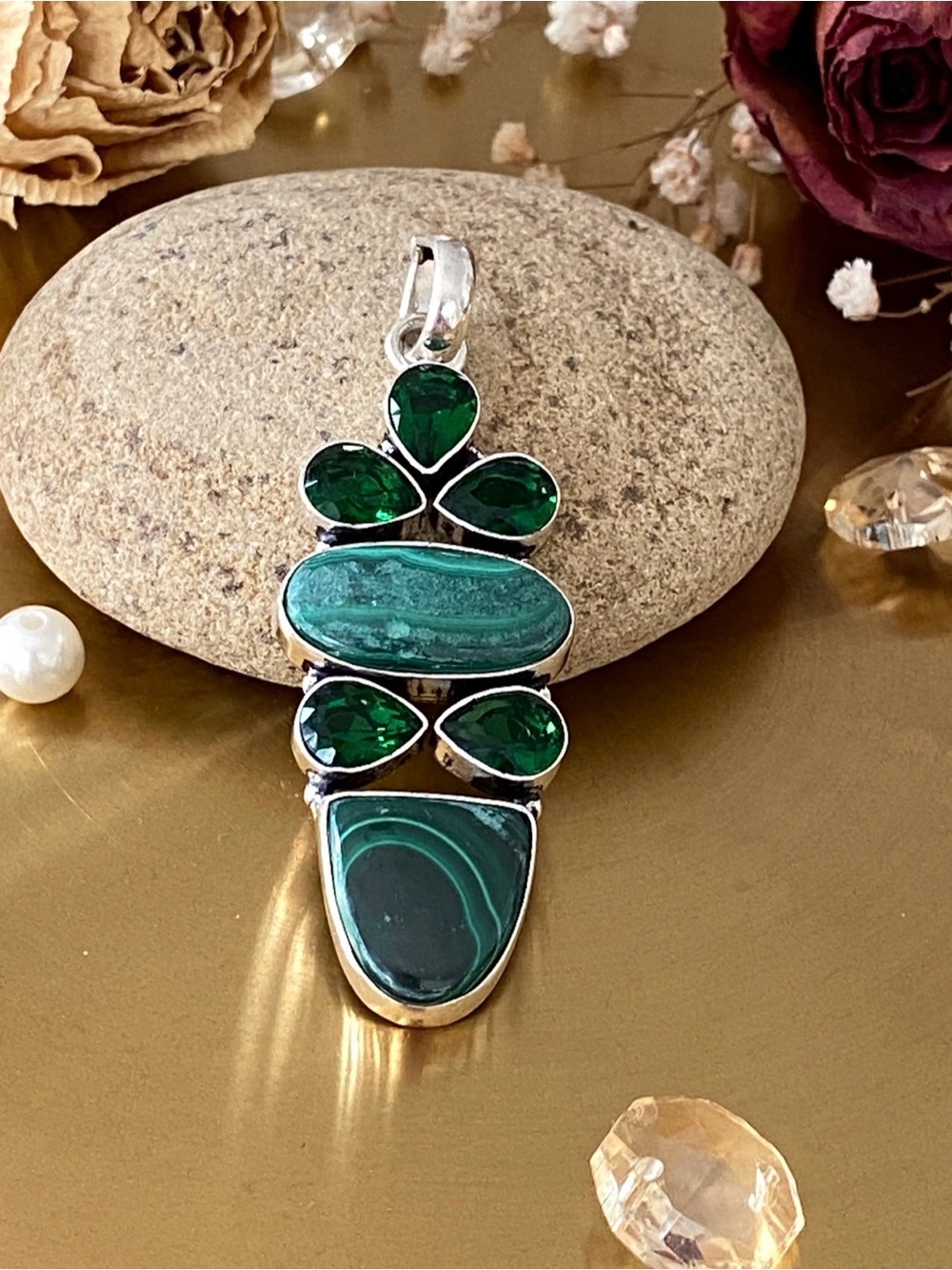 Natural Malachite And Diopside Hand Crafted Pendant